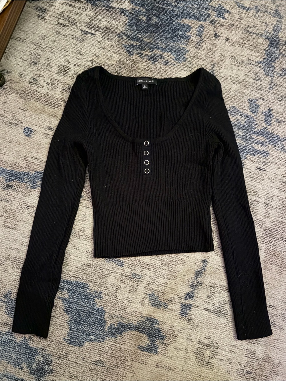 Kendall & Kylie Black Ribbed Long Sleeve Scoop Neck Top